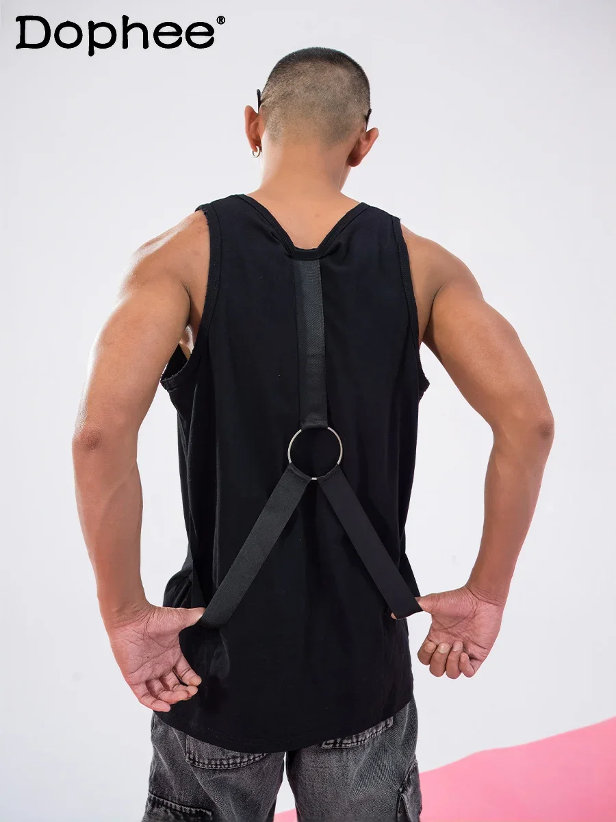 

2024 Trendy Male Back Strap Ring Design Sports Casual Vests Men's Loose Waistcoats Handsome Trendy Black Sleeveless Cotton Vest