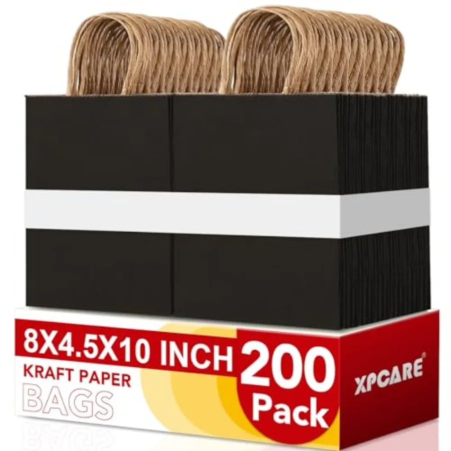 

200 шт. бумажных пакетов 8x4.5x10 дюймов, простые средние бумажные пакеты с ручками, оптовые крафт-пакеты для подарков, для розничной торговли, вечеринок, покупок, сувениров