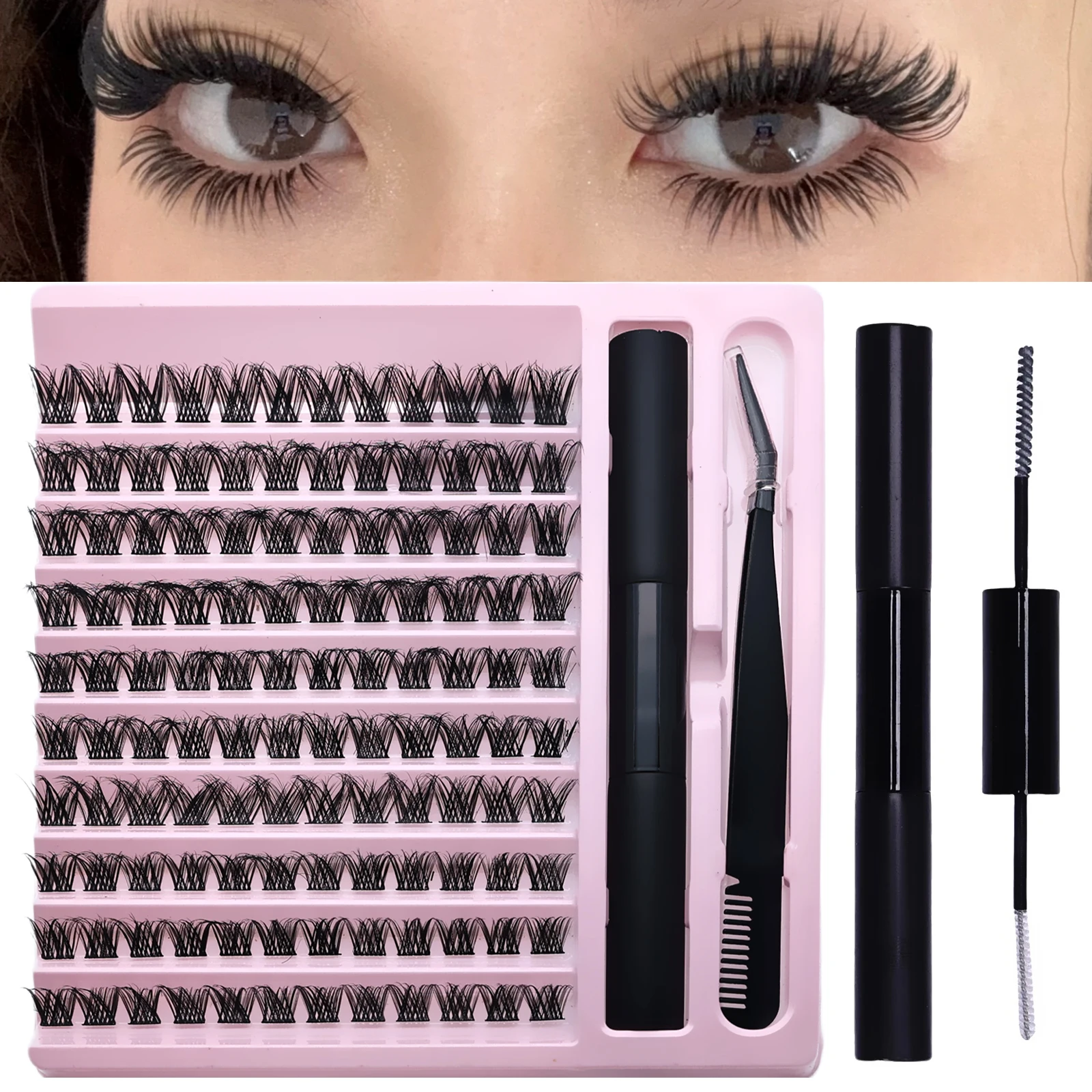 Kit de faux cils, ensemble d'extensions de cils courbés en D avec adhésif, scellant et pince à épiler pour maquillage DIY à domicile
