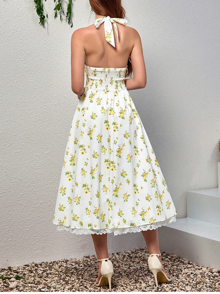 NewAsia Women\'s Sexy Deep V Neck Backless Print Floral Midi Dress Lace Halter Tie Up Fashion Casual Holiday Long Dresses Yellow
