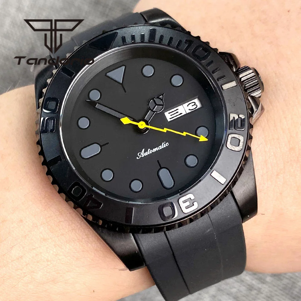 Tandorio NH36A Black PVD 40mm Automatic Men\'s Watch Week Date Display Rotating Bezel Sapphire Glass Yellow Flash Second Rubber