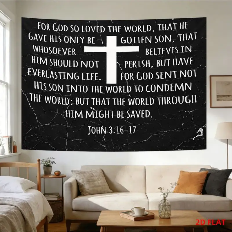 Christian Bible Verse Tapestry, John 3:16-17 White Cross Wall Hanging, Religious Faith Decor for Home and Church Background