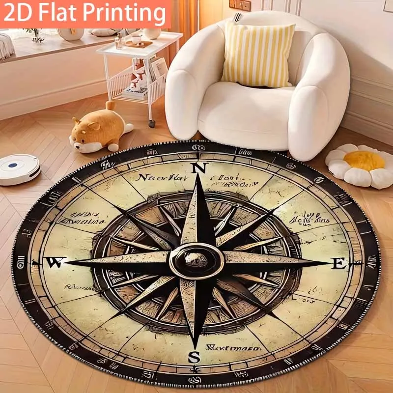 Vintage Nautical Compass Rose Round Rug, Old Parchment Antique Navigation Print Floor Mat for Sofa Bedroom Yacht Room Indoor