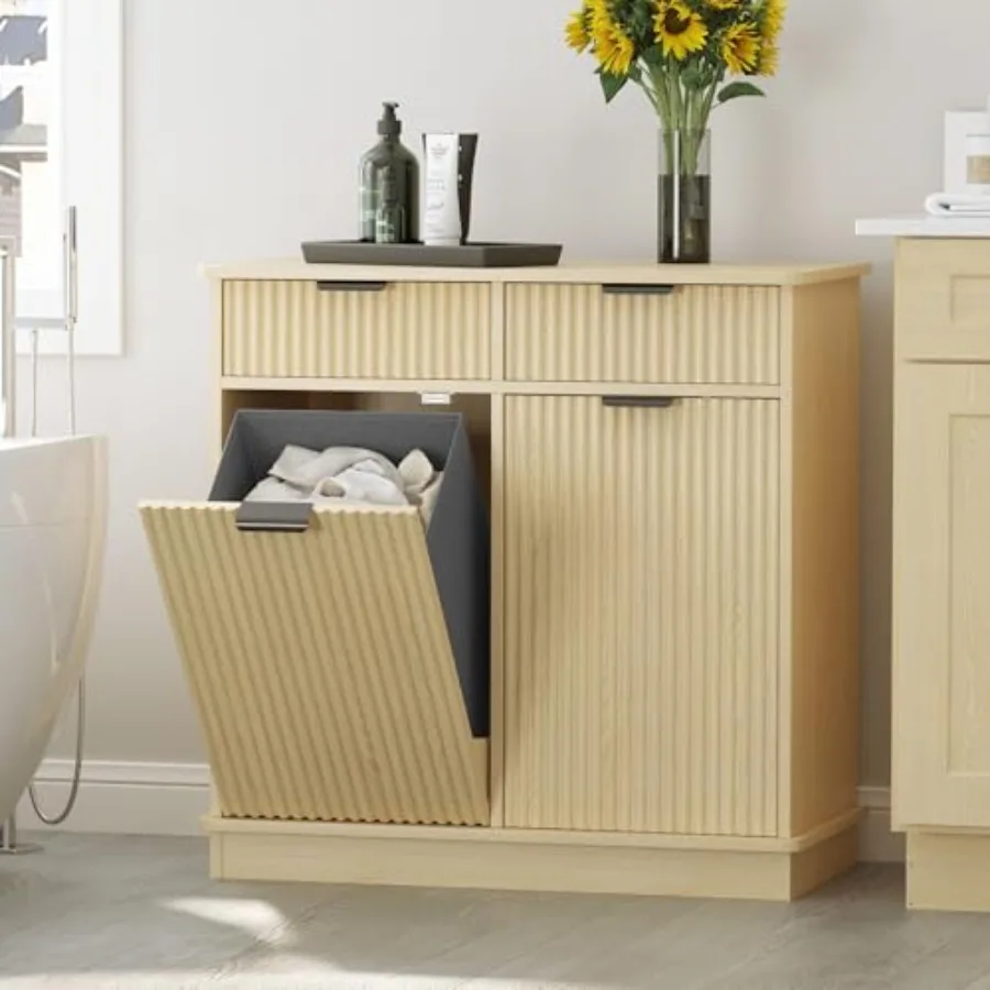 

Natural Double Tilt Out Laundry Hamper Cabinet Laundry Basket Cabinet Hidden Laundry Hamper with 2 Drawers and 2 Baskets for Ba