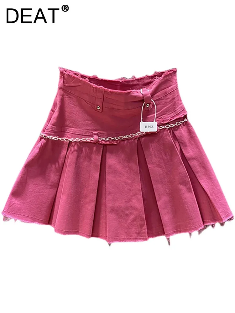 DEAT Women's Denim Skirt Rose Pink Pleated Burrs A-line High Waist Stretch Female Mini Skirts 2025 Spring New Fashion 29L6981