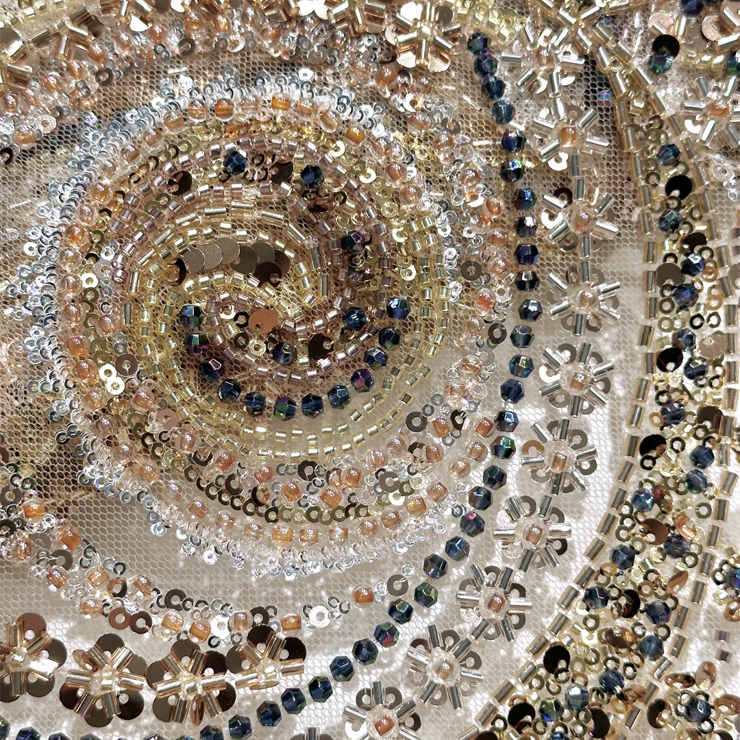 

Элегантная европейская спиральная вышитая кружевная ткань с бисером и блестками, роскошное кружево для свадебного платья, материал для шитья во дворе