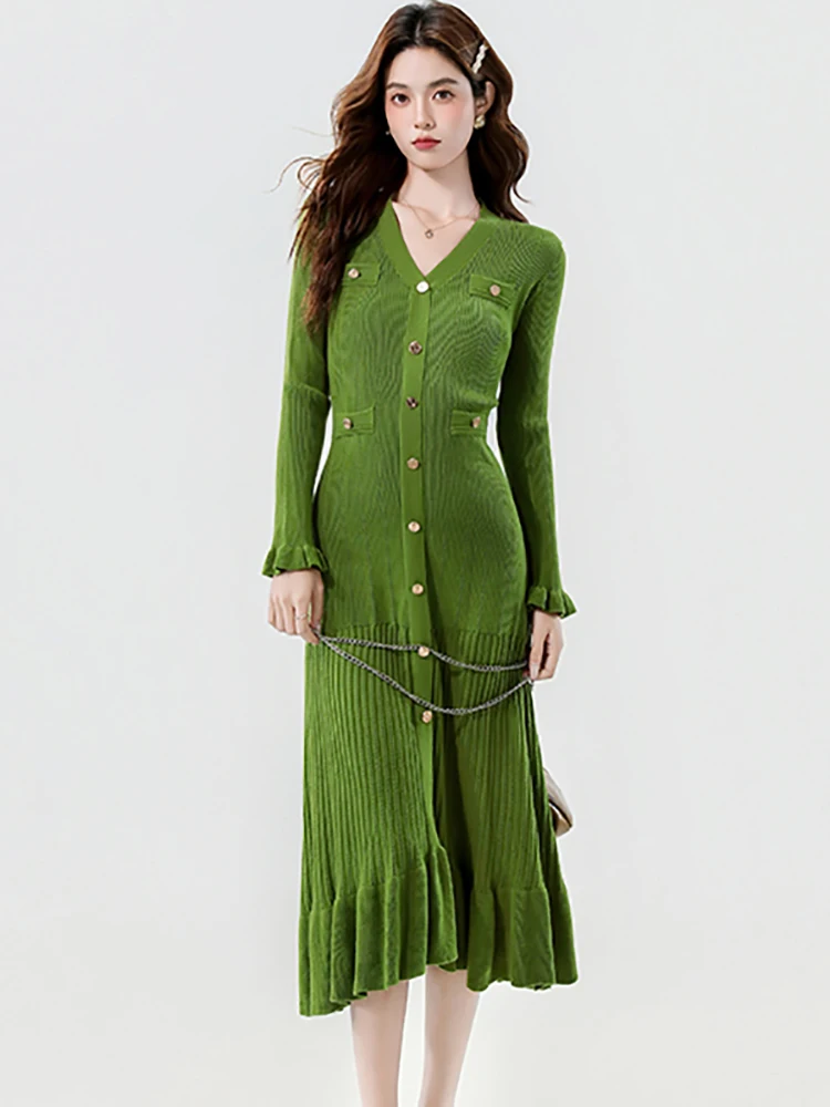 Vrouwen Effen Gebreide Single Breasted Lange Mouw V-hals Jurk Herfst Winter Elegante Verstoorde Lange Jurk 2025, Koreaanse Bodycon Jurk