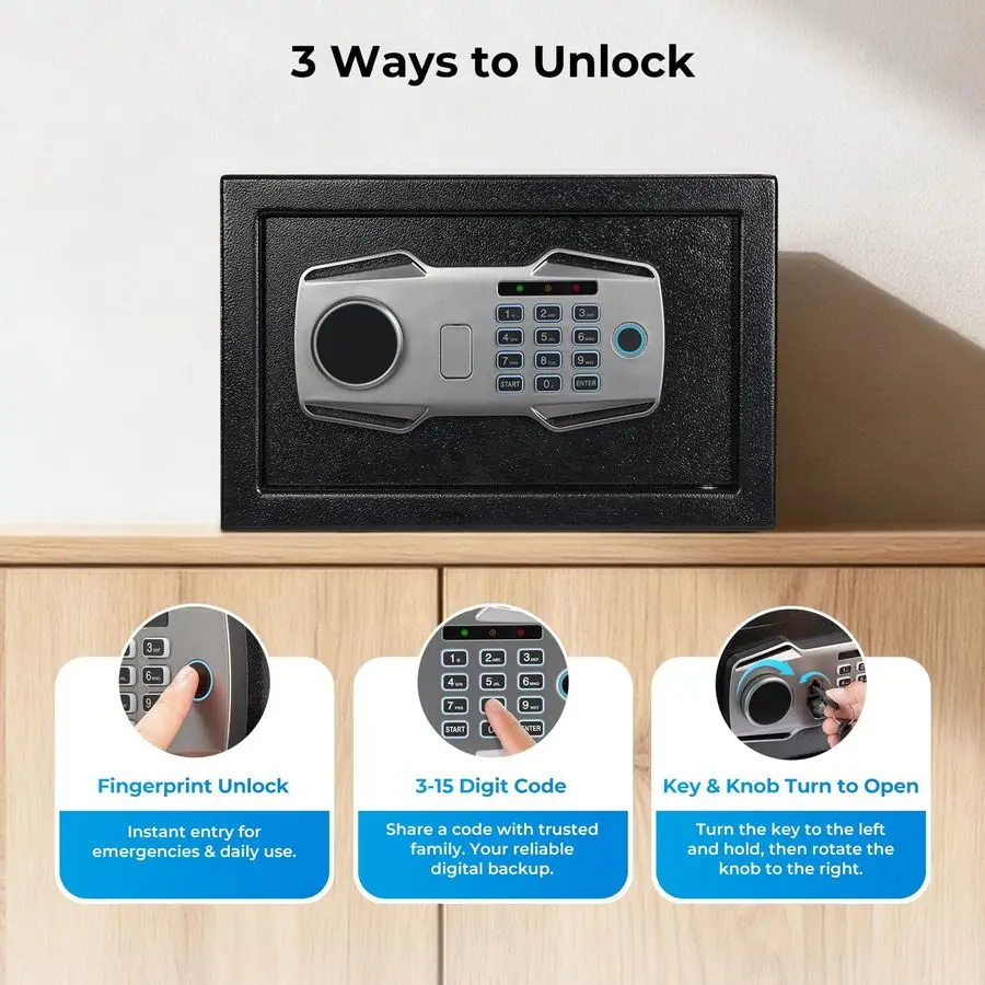 Brankas Sidik Jari Biometrik dengan Sistem Alarm, Kotak Kunci Akses 3 Arah dengan Keypad Elektronik, Layar Tampilan dan Port USBC untuk Rumah