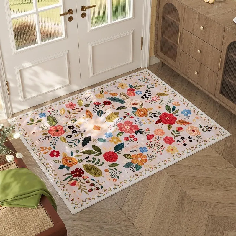 American Style Floral Doormat Retro Home Decoration Floor Mat Ethnic Style Flower Art Carpet Easy To Care for Dirt-resistant Rug