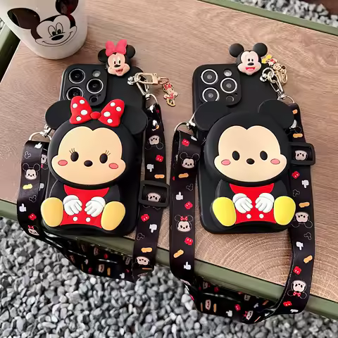 For Samsung Galaxy S8 S9 S10 S20 S21 S22 S23 S24 S25 Plus Ultra FE Note 8 9 10 20 Minnie Mickey Wallet Case With Rope