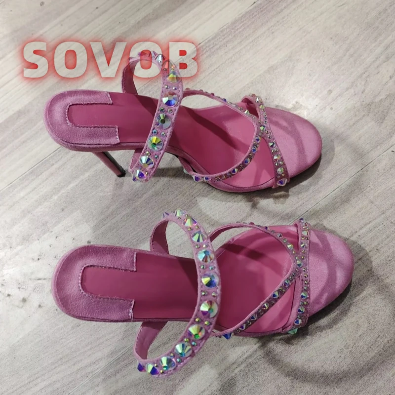 Pink Rhinestone Stiletto Sandals for Women, Sparkly Multicolor Crystal Embellished Strappy Sandals,Open Toe High Heels Footwear