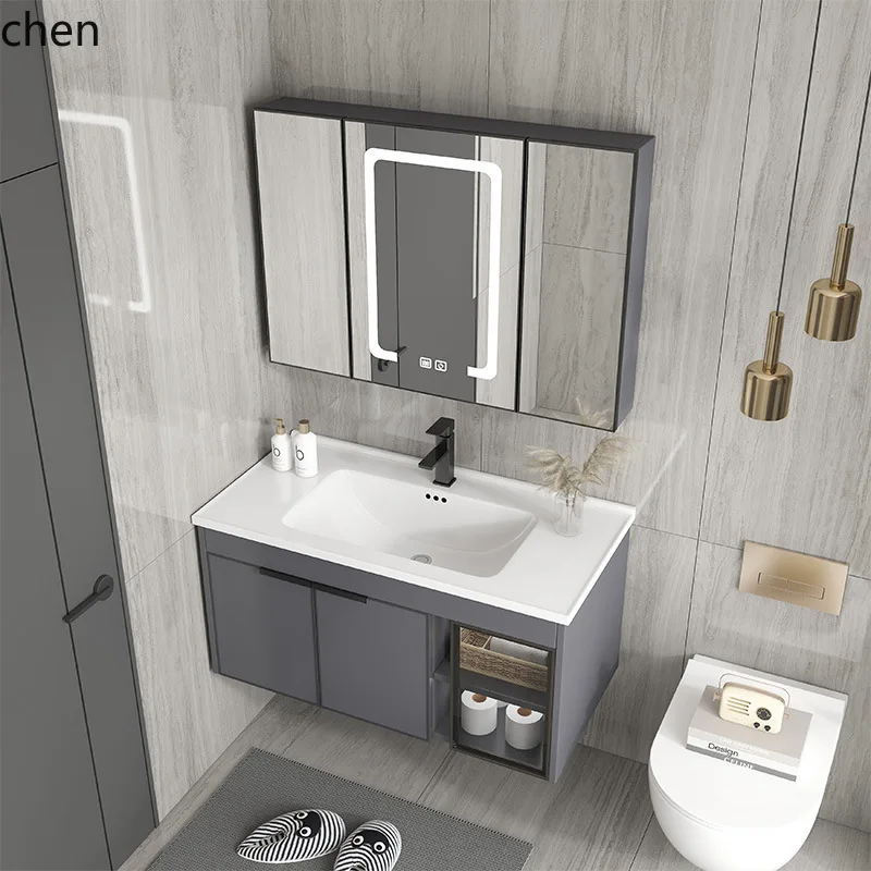 

PYH Modern Simple Light Luxury High Sense Space Aluminum Bathroom Cabinet Ceramic Integrated Washbasin