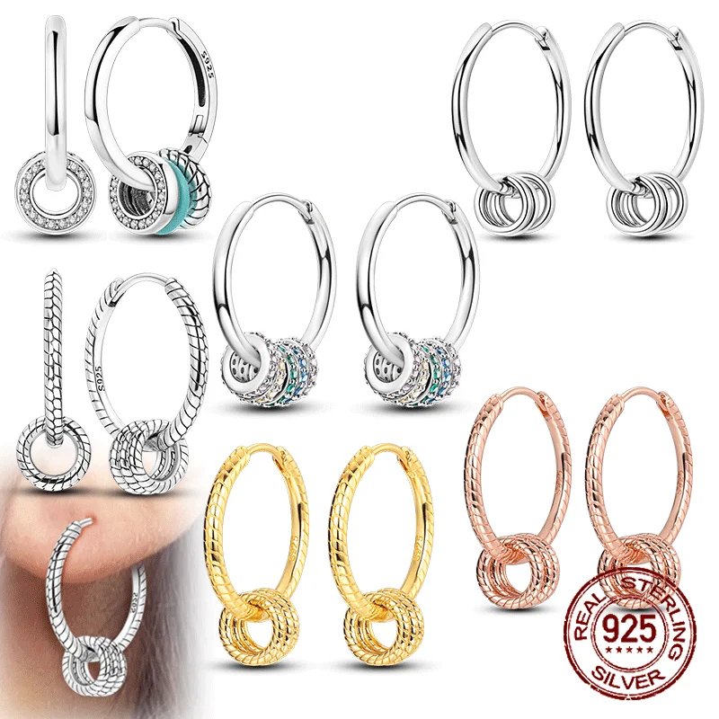 

S925 Sterling Silver Multicolor Multi-Ring Rotundity Earrings Simple Fine Jewelry Women Girls Fashion Party Birthday Gift