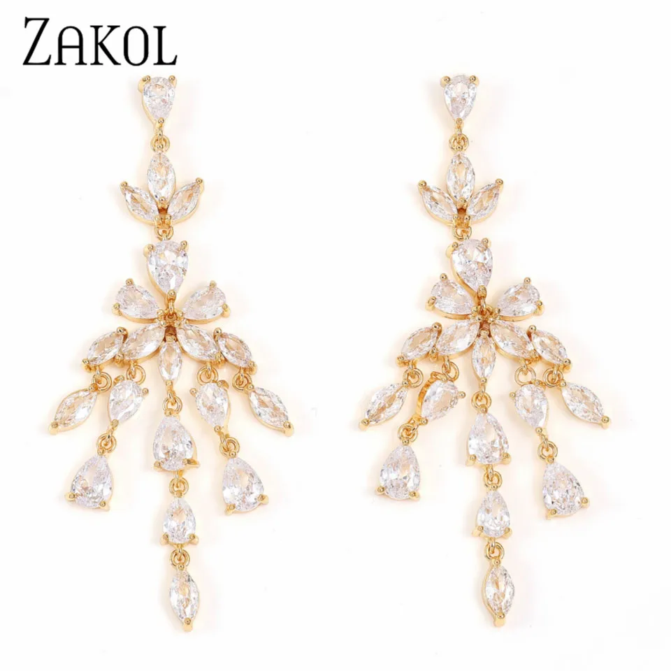 

ZAKOL Luxury AAA Cubic Zirconia Tassel Drop Earrings For Women Gold Color Long Chandelier Design Earring Wedding Bridal Jewelry