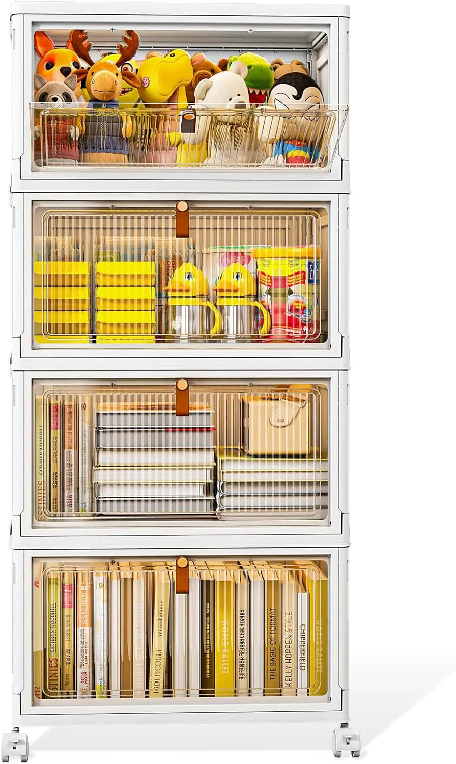 

4 Tier Stackable Storage Bins with Lids, 28Qt Plastic Storage Containers with Magnetic Doors & Wheels, Convenient Storage