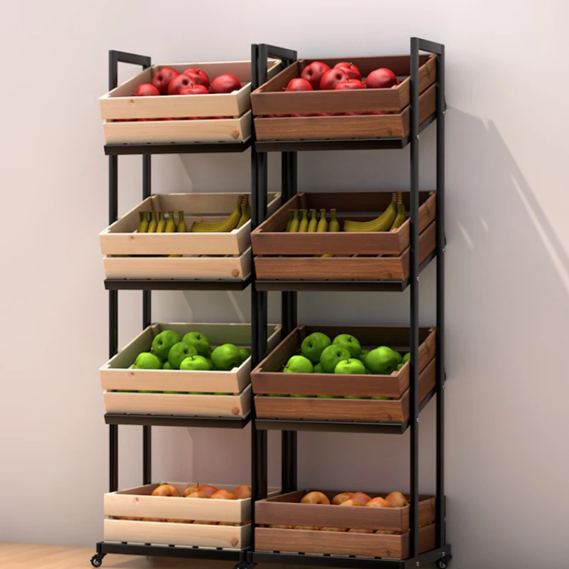 Fruit store shelves Solid wood fruit Display racks Movable with wheels Wine racks Fruit and vegetable