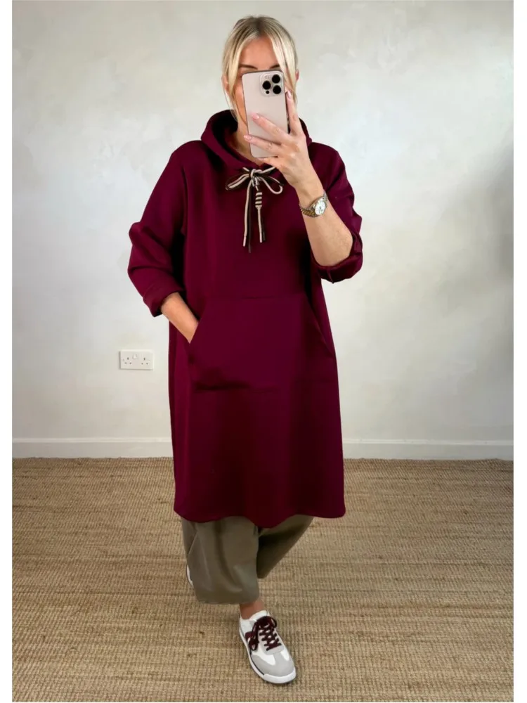 

New Autumn Winter Fashion Loose Solid Hooded Midi Dresses Women's Sweatshirt Casual Long Sleeved Big Pocket Dress Vestidos
