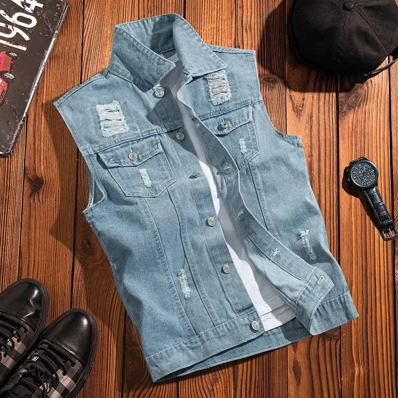 New 2024 Spring Autumn Men Lapel Denim Vest Mens Casual Sleeveless Jeans Jacket Male Streetwear Solid Color Waistcoat