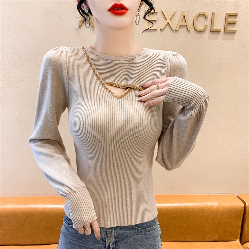 2024 New Fall Winter European Clothes Knitted Sweater Chic Sexy O-Neck Hollow Out Beading Women Long Sleeve Elastic Tops 41050