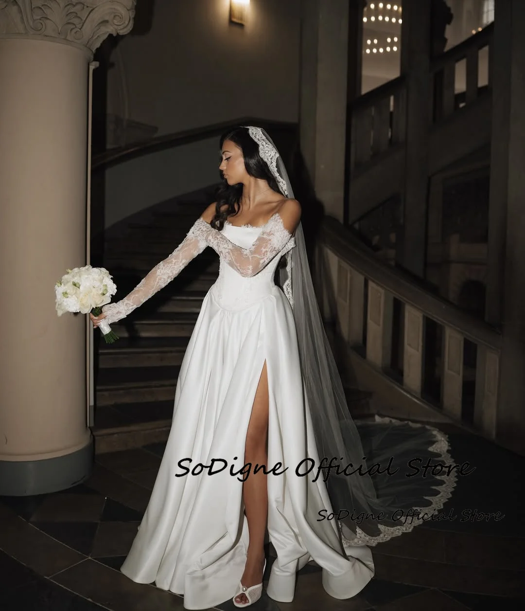 SoDigne Satin A-Linie Brautkleider Trägerlos Abnehmbare Ärmel Brautkleid Hochzeit Party Kleid Robe De Mariee Maßgeschneidert