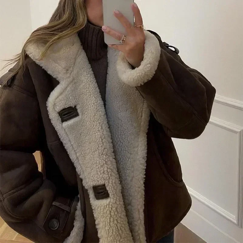 Women Solid Color Woolen Warm Short Jacket Fashion Long Sleeves Lapel Single Breasted Coat Autumn Winter Woman New Commuter Wear