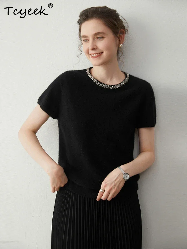 Chic Women Short Sleeve Pullover Suite 100% Cashmere Sweater Autumn Winter Pullover Diamond Grace Female Soft Warm Knit Clothes