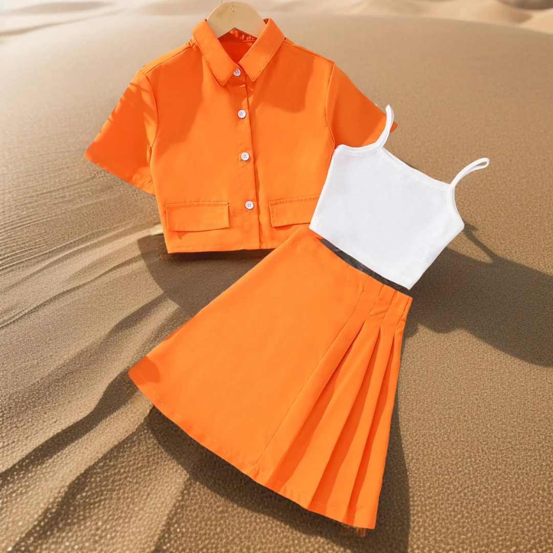 Summer Teen Girl 8 To 12 Years Old Orange Short Sleeve Skirt Vest and Skirt 3PCS Trendy Kids Girl Outfit