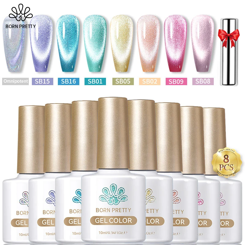 BORN PRETTY 8Pcs Glitter Cat Magnetic Nail Gel Polish Kit Spring Summer Soak Off UV LED Water Light Semi Permanent Gel Varnish