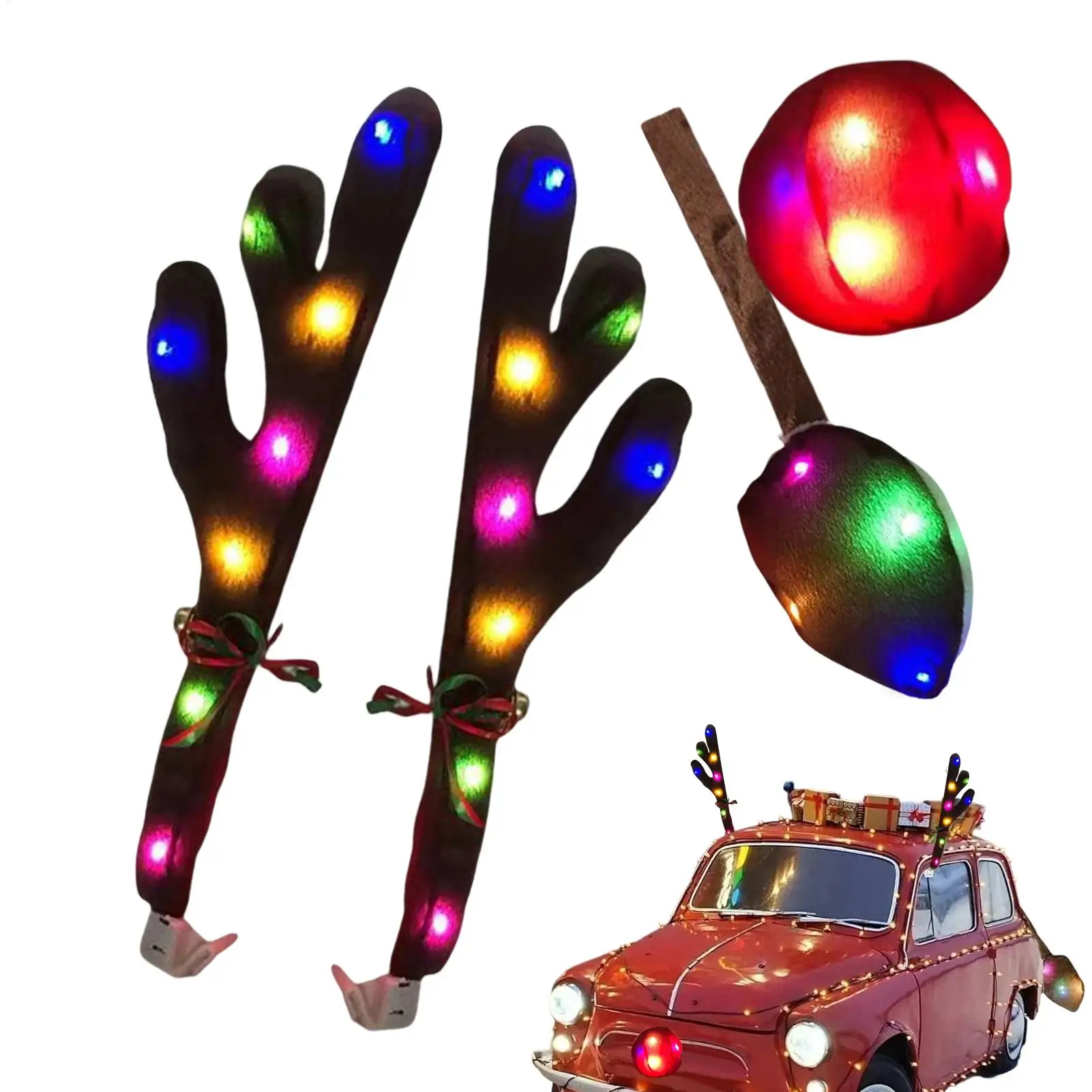 

Christmas Car Decor LED Antler with Nose Car Decor with Tail for Automotive Truck Vehicle SUV Exterior Window Roof Top Holiday