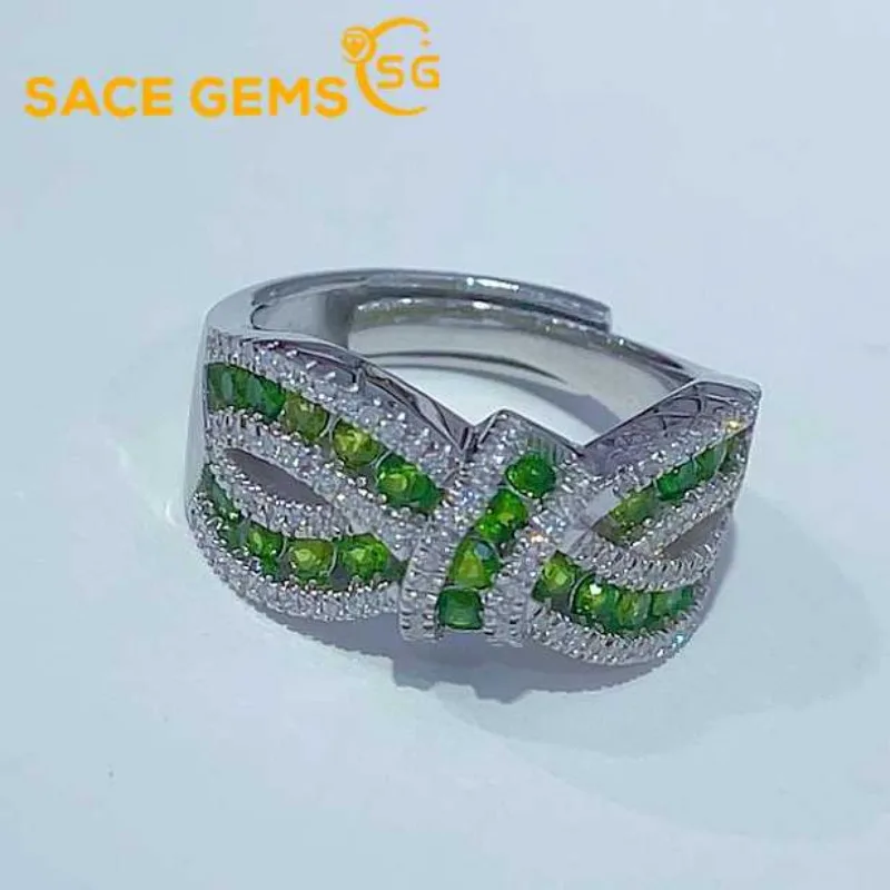 

SACE GEMS New Trend 925 Sterling Silver Raw 2MM*25 Natual Diopside Rings for Women Engagement Cocktail Party Fine Jewelr Gift