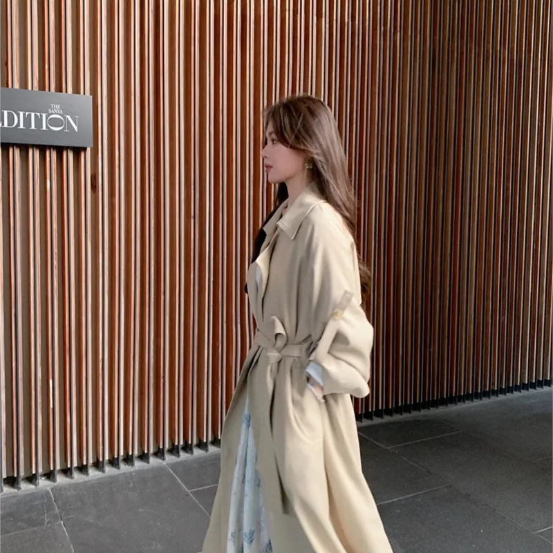 

New khaki trench coat women's mid-length drop shoulder waist overcoat