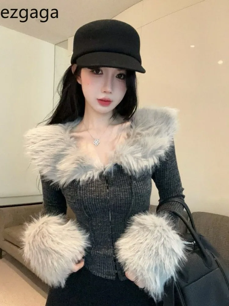 Ezgaga Cropped Cardigan Women Sexy Furry Patchwork Zipper Long Sleeve Chic Autumn Winter Knitted Sweater Female Casual