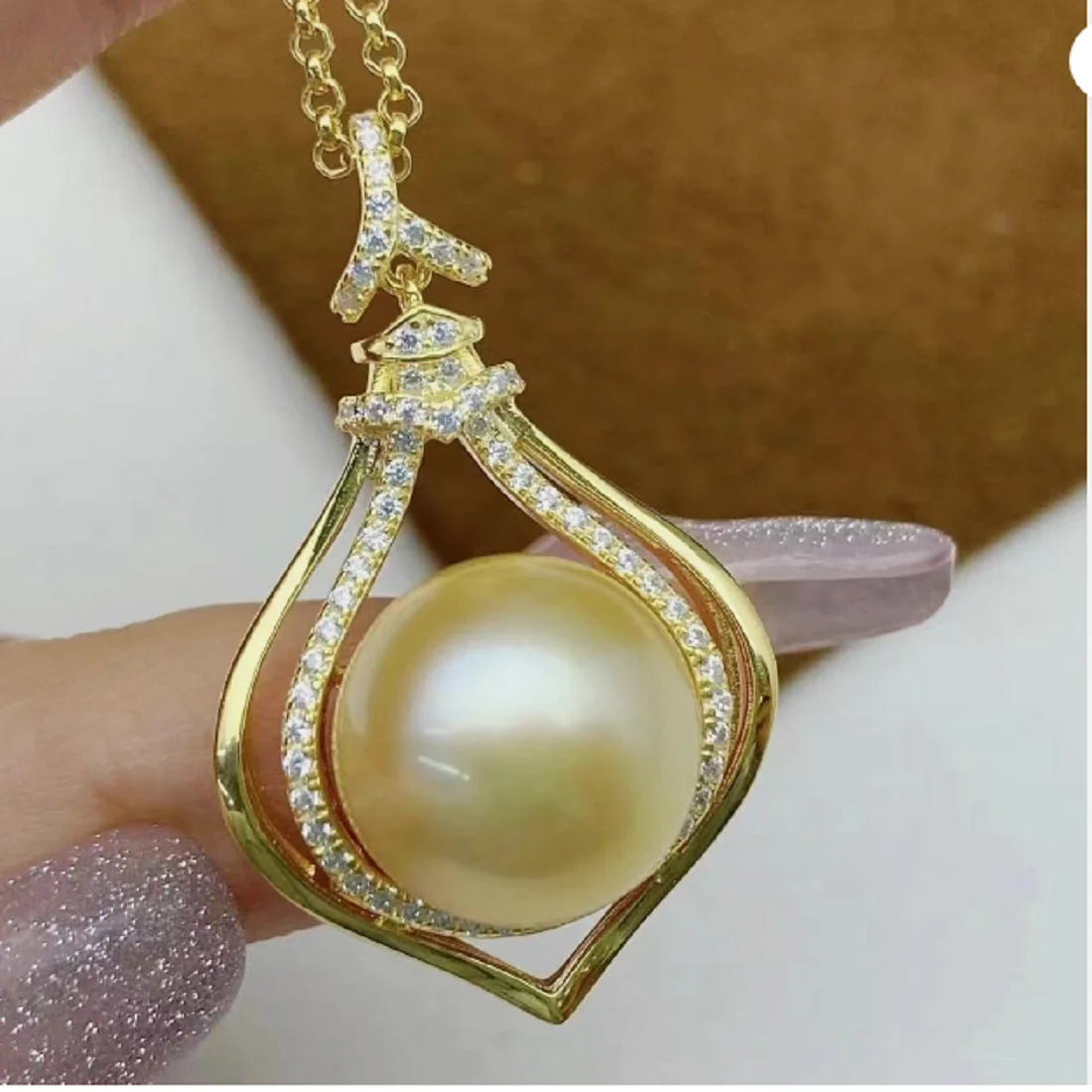 

AAAA 11-12MM NATURAL SOUTH SEA GOLDEN STUD PEARL PENDANT NECKLACE 925S 18IN