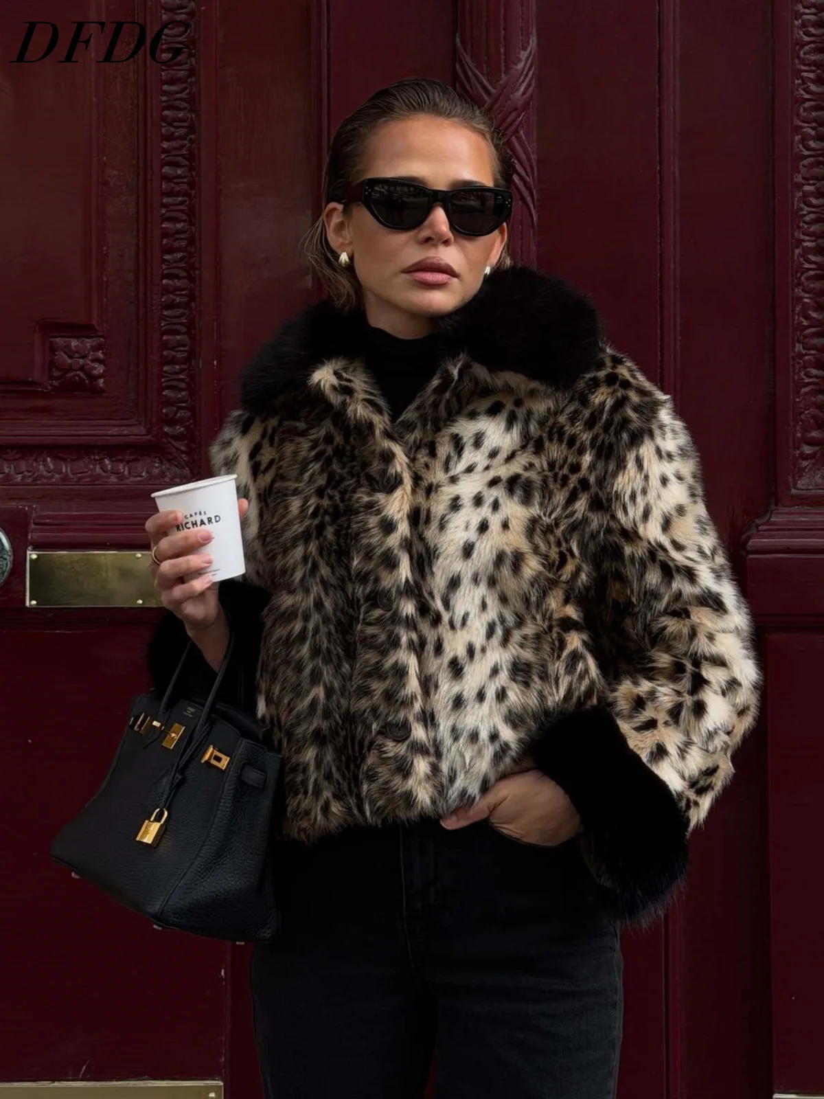 DFDG Women Faux Fur Leopard Print Loose Cropped Coat Black Contrast Collar Cuff Warm Button Jacket Winter Trendy Street Fur Coat