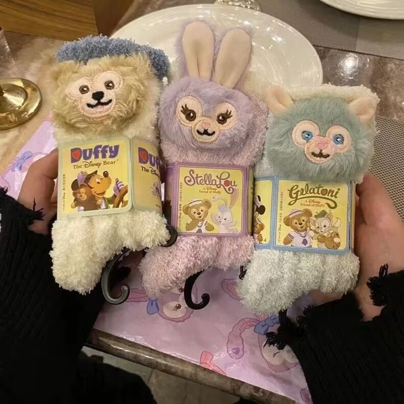 

3Pcs Disney Kawaii Anime Stellalou Plush Socks Cute Sweet Duffy Gelatoni Cartoon Coral Fleece Socks Lovely Gifts for Girls