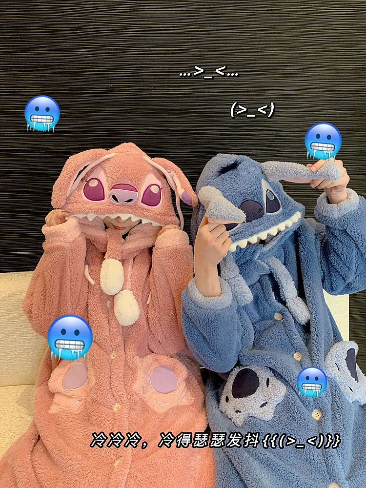 Stitch Disney Robe Kawaii Stitch Hooded Dressing Gowns Lady Thickened Warm Loungewear Cute Woman Autumn Winter Christmas Gift