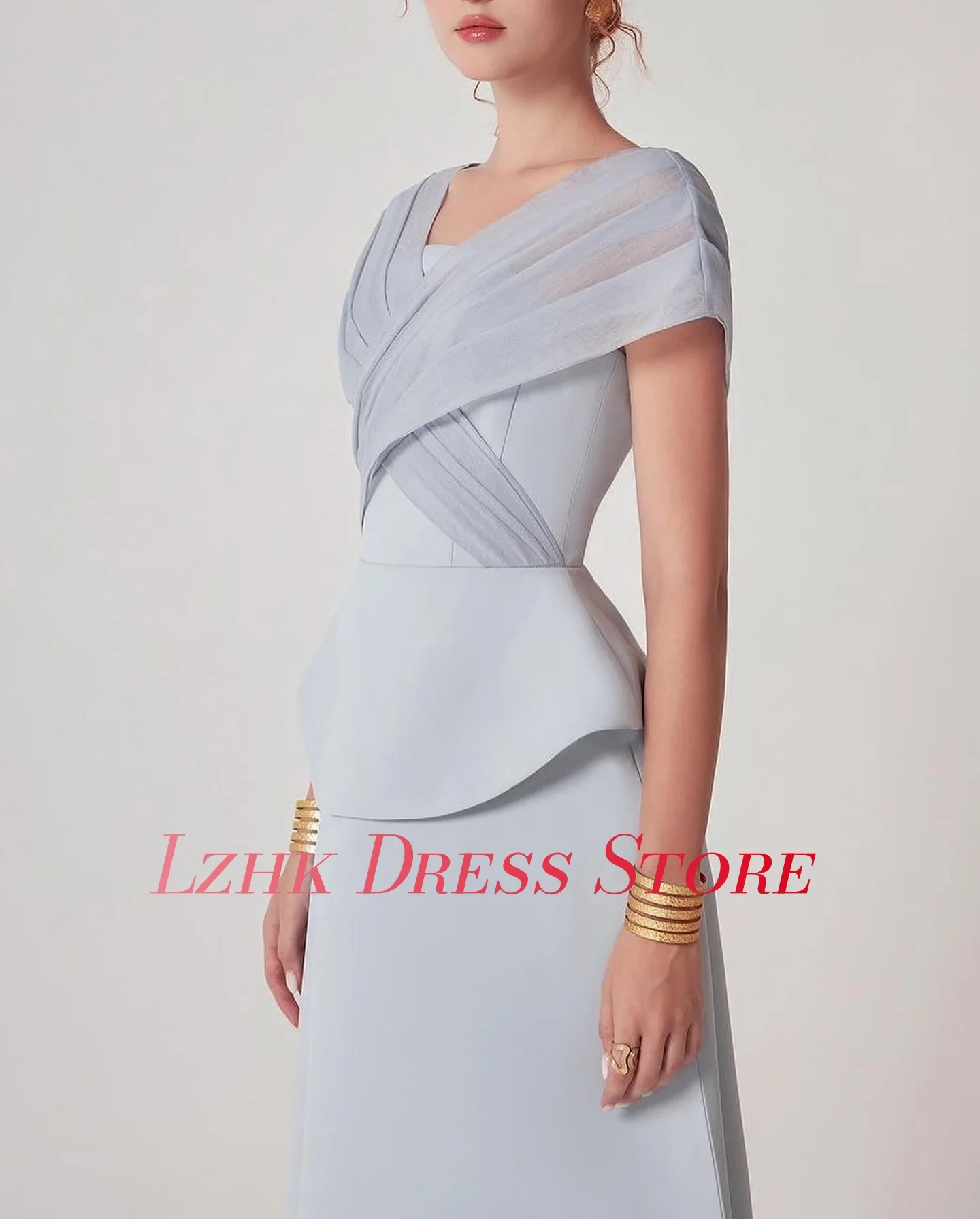 Vestido de noite moderno personalizado em jérsei evasê de alta qualidade, mangas curtas, decote em V, comprimento do chá فستانmavera