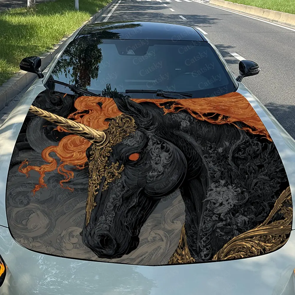 Red Eyed Unicorn Car Hood Sticker, Premium Vinyl Sticker For Automotive Exterior Customization, Durable PVC Vinyl Wrap
