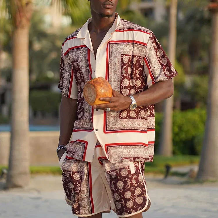 Conjunto de camisa de estilo étnico Retro para hombre, camisa informal de manga corta, pantalones cortos de playa de gran tamaño, ropa de calle de