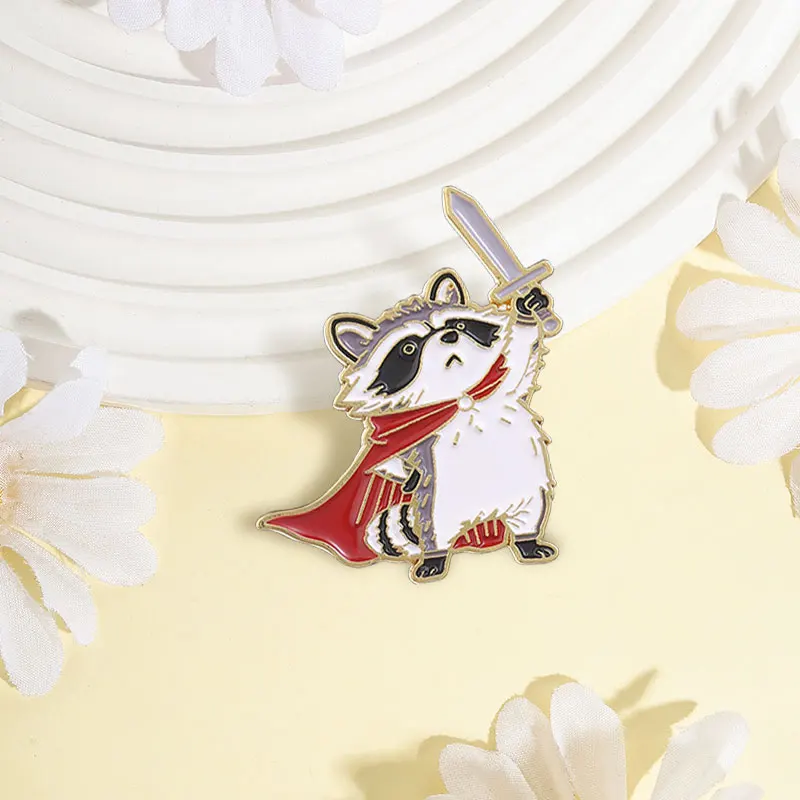 Cute Raccoon Warrior Holding Sword Enamel Pin Cartoon Hero Knight Raccoon Animal Brooch Lapel Badge Backpack Jewelry Friend Gift