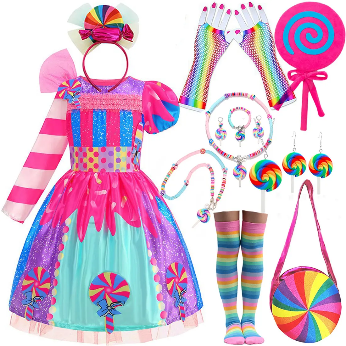 Girls Candy Fairy Lollipop Cosplay Costume Toddler Carnival Purim Rainbow Vestidos Girls Birthday Party Long Short Sleeves Dress