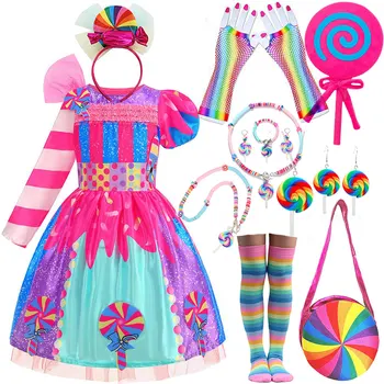 Kızlar Şeker Peri Lolipop Cosplay Kostüm Yürümeye Başlayan Karnaval Purim Gökkuşağı vestidos Kız Doğum Günü Partisi Uzun Kısa Kollu Elbise