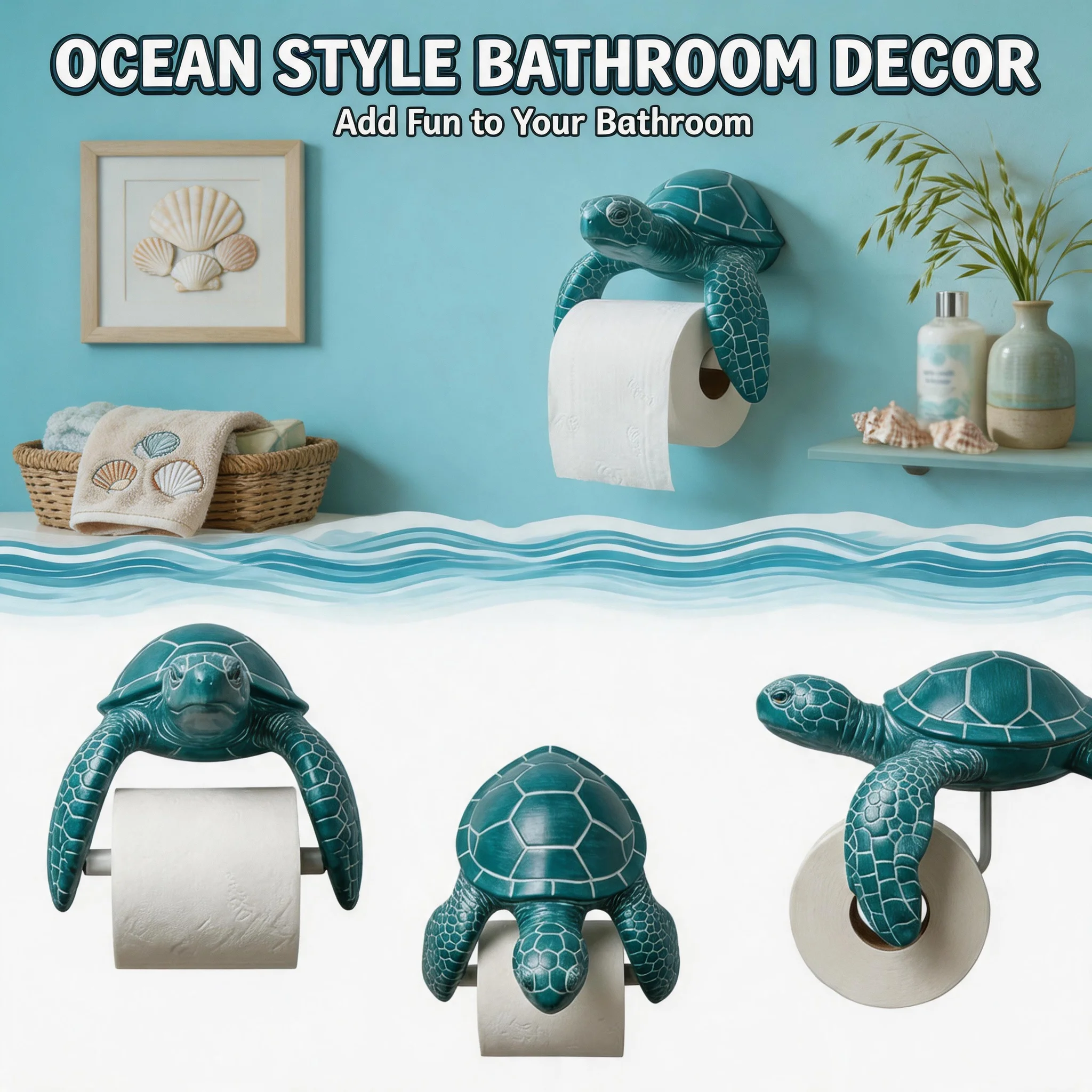 Coastal Themed 3D Printed Turtle Toilet Paper Holder No Drilling Wall Mounted Tissue Rack Easy Install Bathroom Decor Accessory
