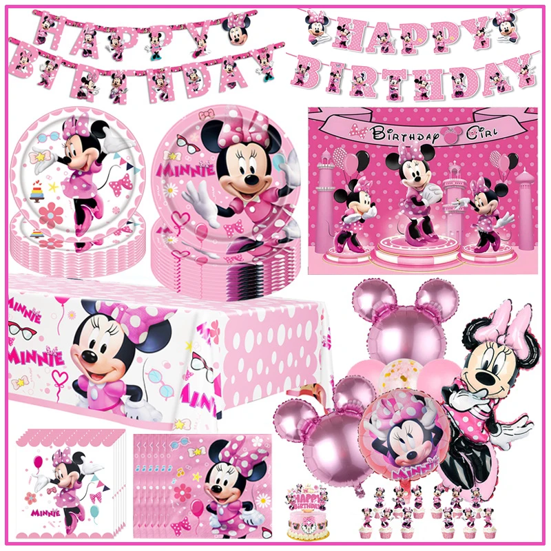 Disney-Decoración de fiesta de cumpleaños de Minnie Mouse, vasos de papel rosa, platos, servilletas, mantel, vajilla, Balloosn, Baby Shower para