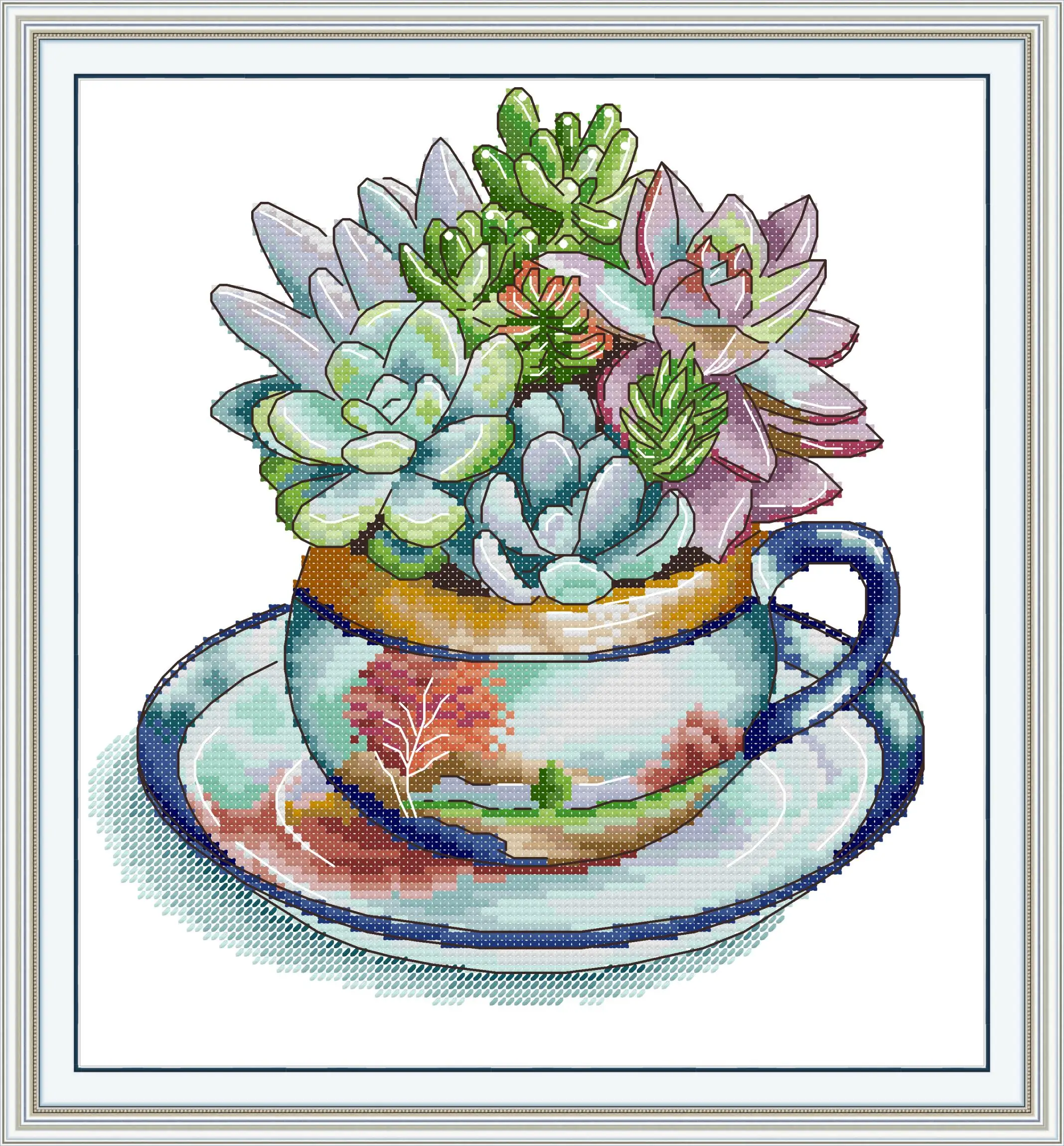 

Maydear Full Cross Stitch Kit,11CT/14CT/16CT/9CT Aida Fabric,DMC Threads Sewing Pattern Embroidery Set-Teacup Succulent