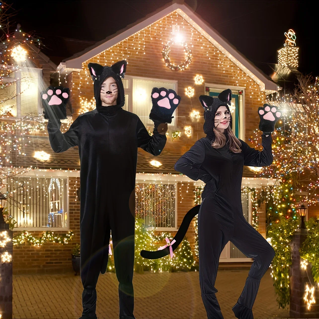 5개 세트 고양이 발바닥 장갑 겨울 귀여운 만화 소녀 오픈 핑거 장갑 벨 헤드밴드 여우 고양이 귀 머리장식