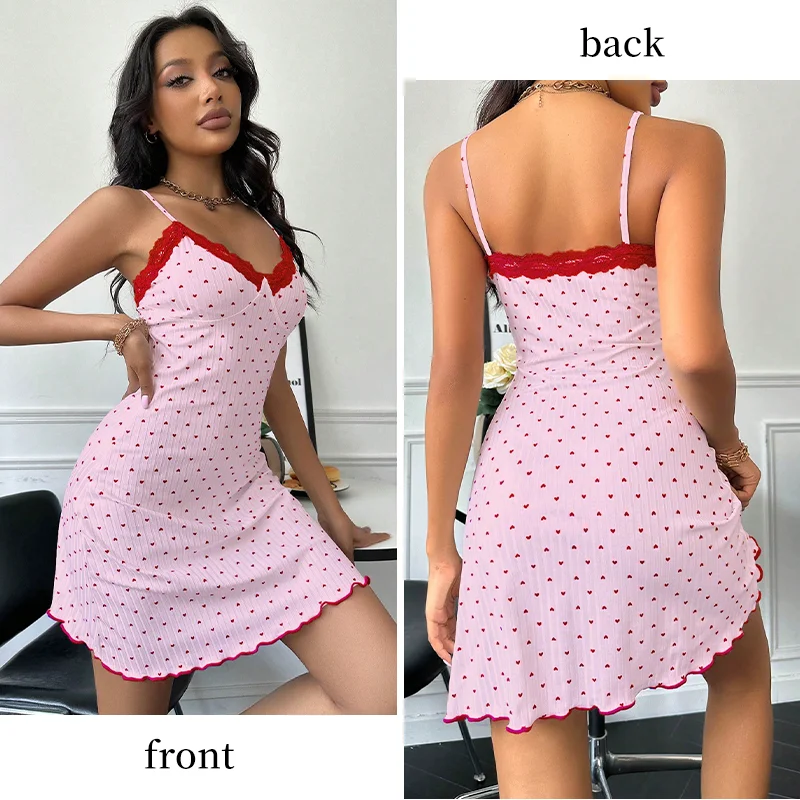 Women's Nightdress Sexy Love Pattern Lace V Neck Camisole Slim Fit Sleeveless Summer Pajamas Loungewear image 2
