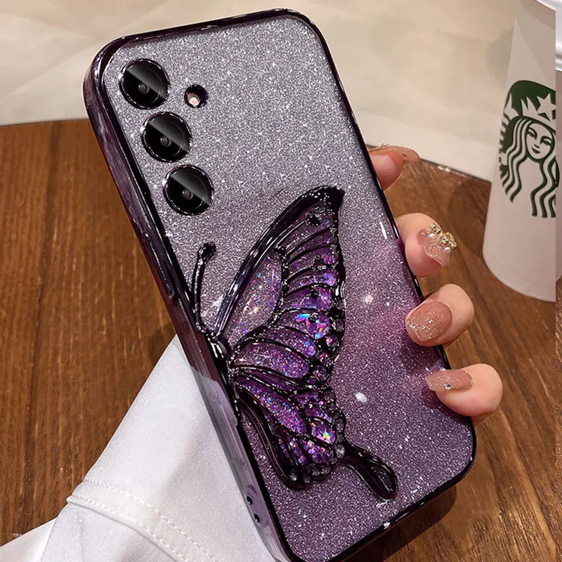 Flowing sand butterfly Glitter Case For Samsung galaxy A55 A34 A14 A15 A35 A25 A54 S23 S24 Ultra plus Cover Shockproof Case A 55