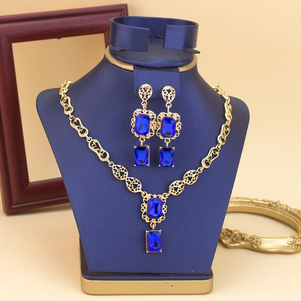 Marokko Stil Halskette Ohrring Set Für Frauen Luxus Arabisch Rot Grün Kristall Quadrat Anhänger Hals Chian Braut Schmuck – Detail 4