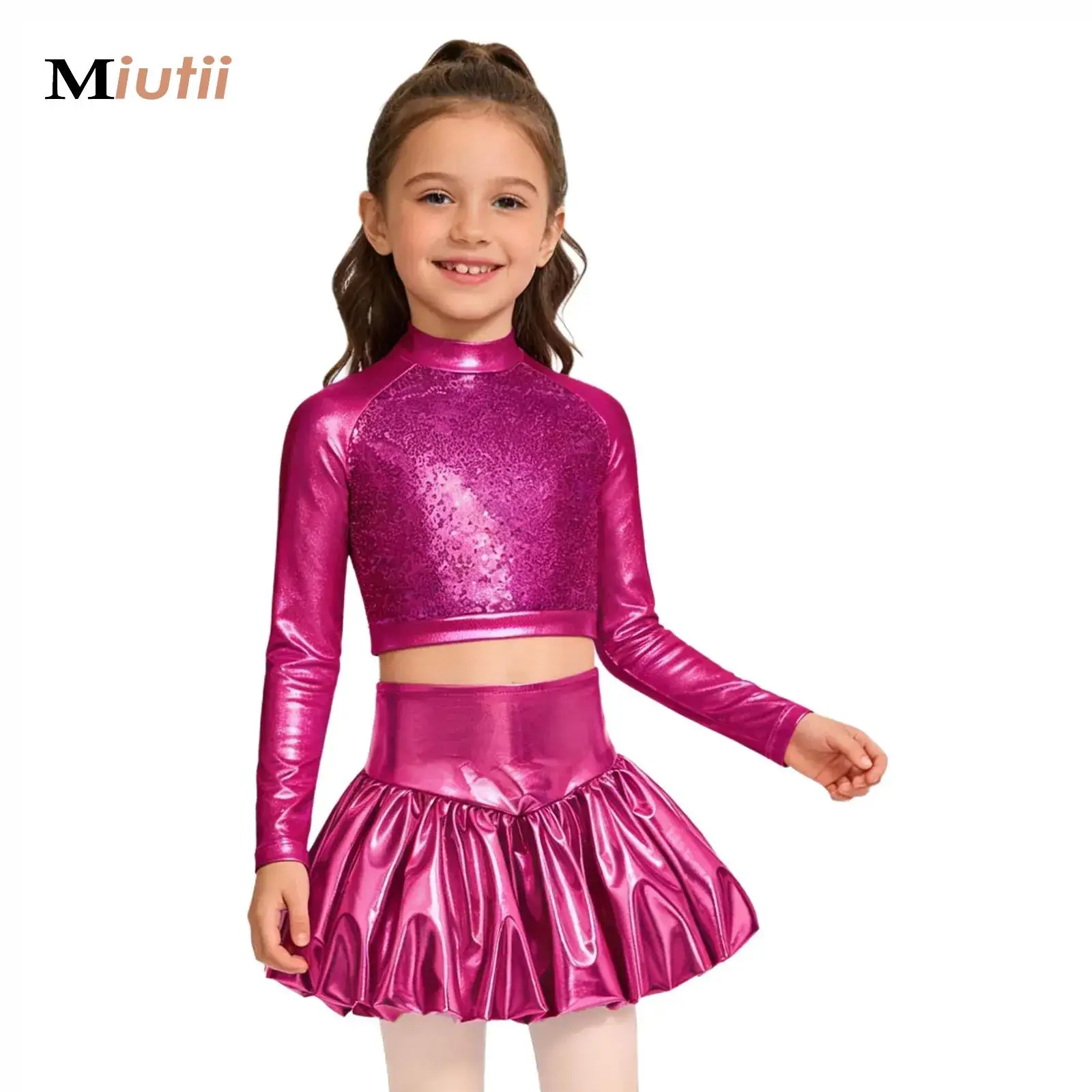 

Kids Girls Jazz Dance Practice Costumes Long Sleeve Sequin Metallic Crop Top with Bubble Skirt Set Street Hip Hop Dancewear